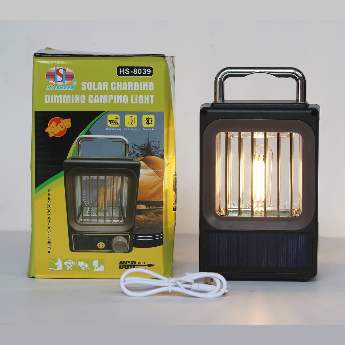 HS-8039 GIG SHEEN solar camping light original packaging box with accessories