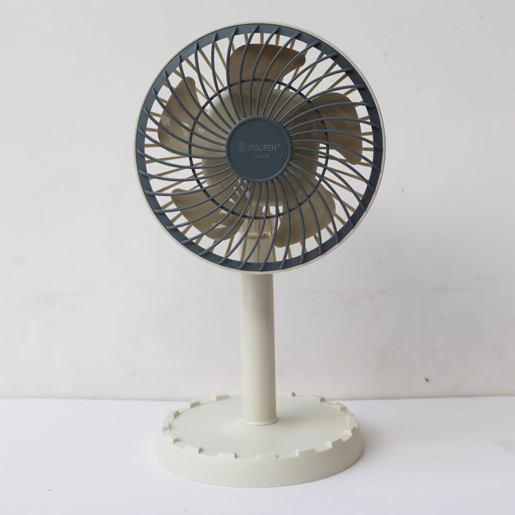 JYSUPER JY-2218 rechargeable fan front view with 4000mAh battery and 3 speed settings